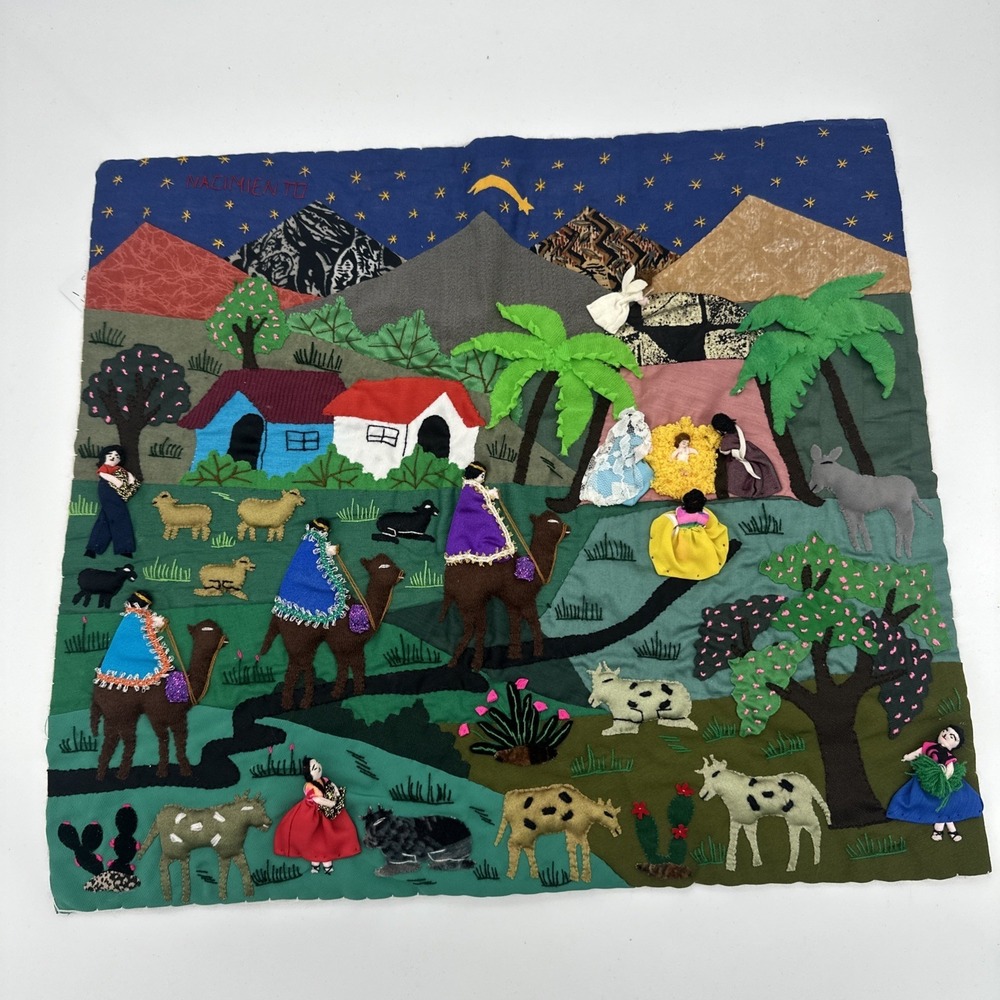 Peruvian Arpillera Folk Art Tapastry~ Vgt 3D Handmade Christmas Nativity 19x17